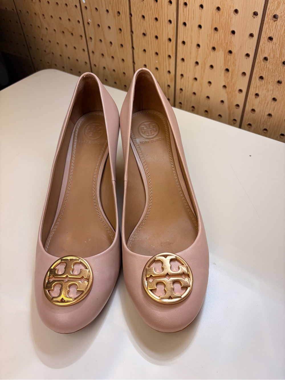 Tory Burch Blush Pink Leather Logo Round-Toe Wedge